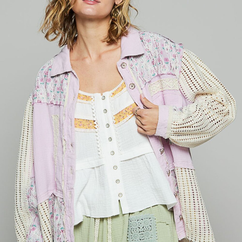 P7239 POL  Lavender jacket, balloon sleeve, relaxed fit top in twill with lace